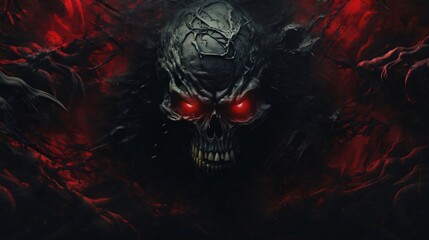 Creepy black skull with red eyes and blood on a dark background