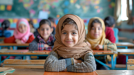Cheerful Schoolgirl in Hijab middle east origin sitting at desks in a classroom and smiling at camera