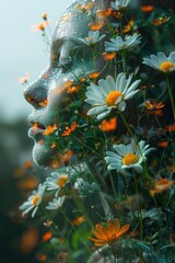 Abstract double exposure portrait of beautiful young woman face with flowers.