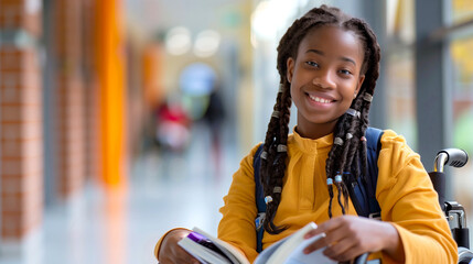 Smiling African American schooolgirl in Wheelchair with a Book in School Hallway