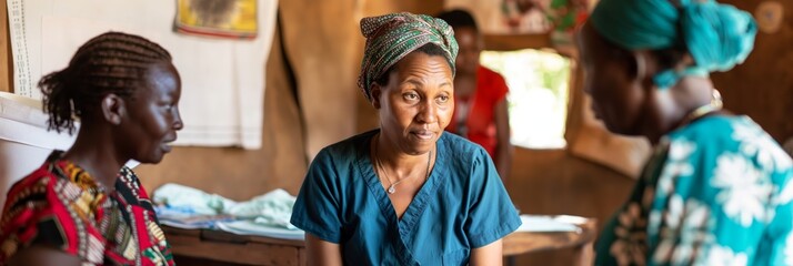 A medical worker is engaged in a conversation with local women in a rural African setting