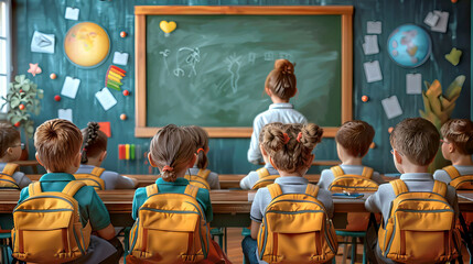 back view of Children in Uniform sitting and Listening to Teacher at the Chalkboard in a Classroom at school