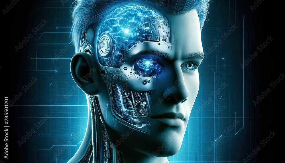 Poster humanoid robot face with advanced circuitry