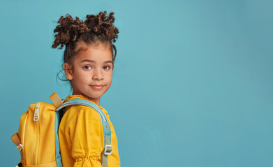 Young schoolgirl with Yellow Backpack Ready for back to school on Blue Background with copy space