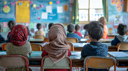 rear view of Diverse Group of muslim Students learning in Classroom at school