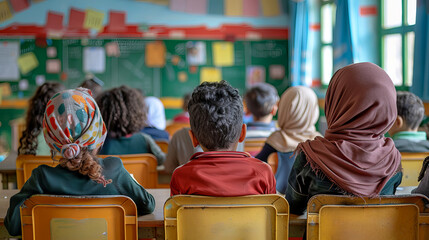 Rear View of Young muslim Students sitting Learning in Classroom at school