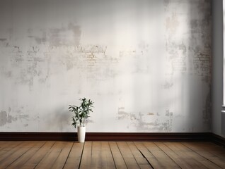 Empty room with a vase of plants in front of a wall