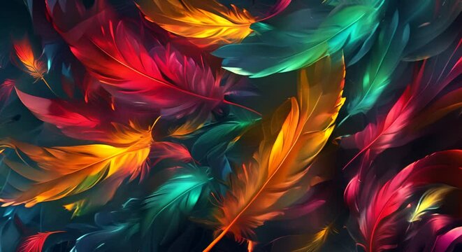 An array of bright, abstract feathers fanning out against a dark, mysterious background