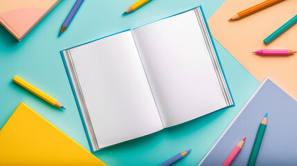 top view of Open Blank Notebook Surrounded by Colorful Pencils on Pastel colors Background