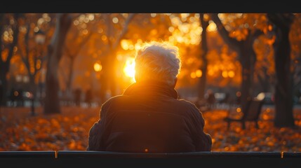 An elderly person sitting alone on a park bench, looking reflective and nostalgic as they watch the sunset
