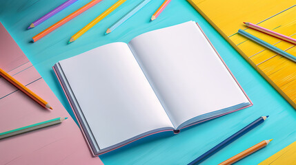 Open Notebook with Blank Pages Surrounded by Multicolored Pencils on geometric Background