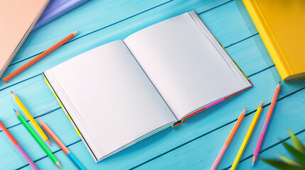 Minimalist Composition with Open Blank Notebook and Colored Pencils on Blue Background
