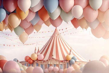 Circus tent with colorful balloons and garlands. 3d rendering