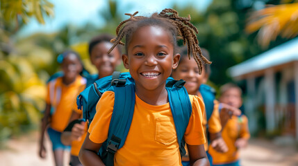 Joyful African School Children with Backpacks Walking to the school in rural village. Back to school and education concept