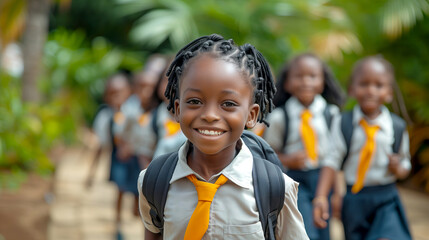 Smiling African school kid with backpack Walking to the school with his friends on the background. Back to school and education concept