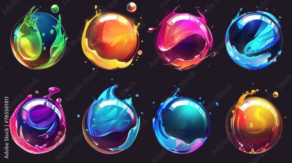 Poster an elegant set of sprites depicting the explosion of a bubble of soap for a game or animation. moder