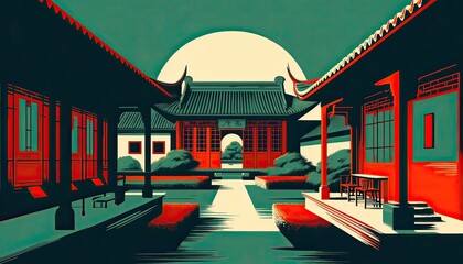 Stylized Illustration of Traditional Chinese Pavilion