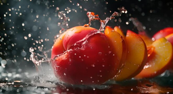 Juicy nectarine slices making a splash in a dark tank, water dancing vividly