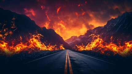 Road to Hell. 3D render of a road leading to hell. - obrazy, fototapety, plakaty