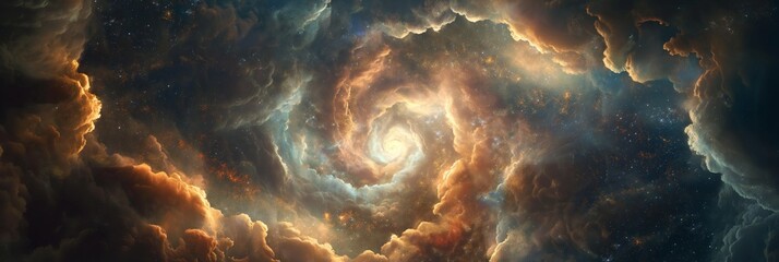 A breathtaking panorama of a spiral galaxy swirling amidst vibrant cosmic clouds and star fields in deep space - obrazy, fototapety, plakaty