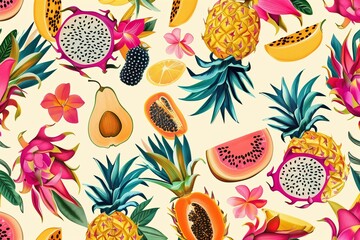 Colorful Tropical Fruits and Flowers on a Vibrant Summer Textile Design