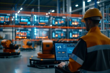 Professional Engineer Monitoring High-Tech Automated Logistics in a Smart Factory