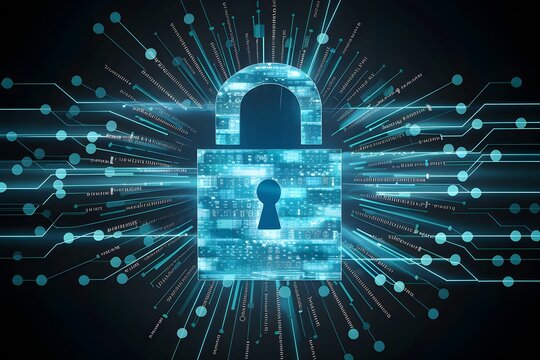 A digital padlock with other electronic elements arranged, symbolizing cybersecurity and encryption