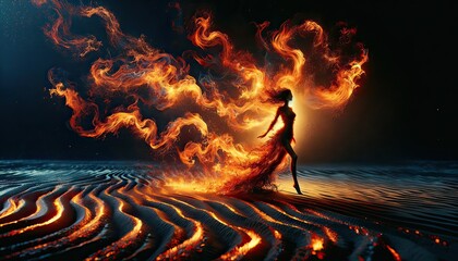 Fiery Dance on a Surreal Beach at Night