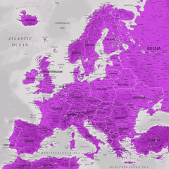 Europe - Highly Detailed Vector Map of the Europe. Ideally for the Print Posters. Amethyst Lilac Purple Colors. Relief Topographic and Depth