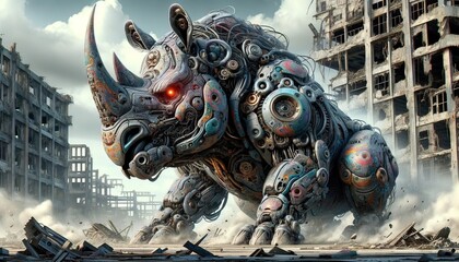 Majestic Mechanical Rhino in Post-Apocalyptic City