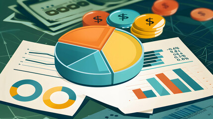 Illustration of investment featuring a pie chart displaying asset allocation or portfolio management on stock market and fund, analysis and research investment plan