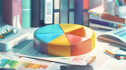 Illustration of investment featuring a pie chart displaying asset allocation or portfolio management on stock market and fund, analysis and research investment plan