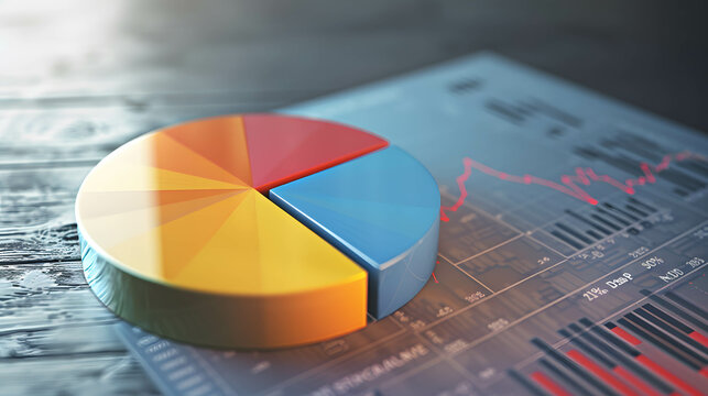 Illustration of investment featuring a pie chart displaying asset allocation or portfolio management on stock market and fund, analysis and research investment plan