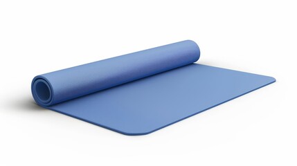 An accurate 3D modern illustration of a yoga mat on top and on one side, a blue rolled mattress, and an aerobics mat isolated on a white background for fitness exercises, stretching, meditation, and