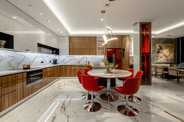 Modern Kitchen with Marble Floor and Red Chairs: City Center Apartment Living