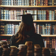 A student searching for scholarships to reduce the need for loans, borrowing money for education, stacks of coins with a college girl in a cap in a library background