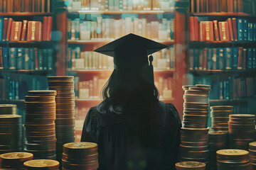 A student searching for scholarships to reduce the need for loans, borrowing money for education, stacks of coins with a college girl in a cap in a library background
