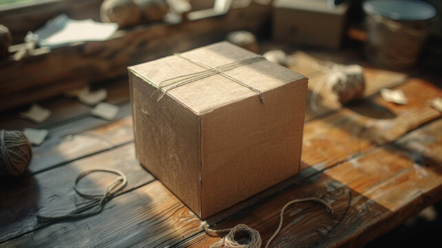 A cardboard package on a wooden table.