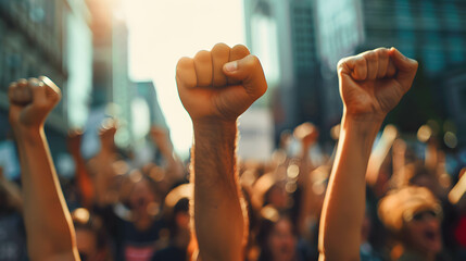 Image of disruption with a protest march and raised fists - obrazy, fototapety, plakaty