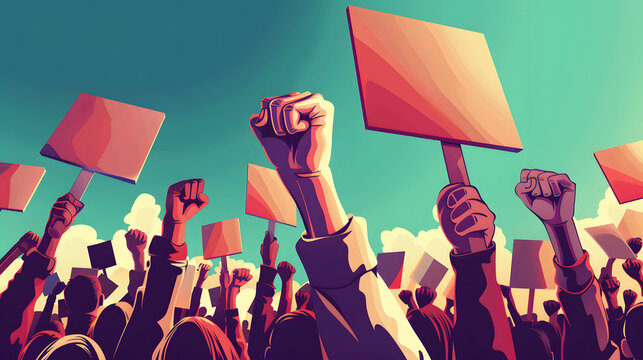 Image of disruption with a protest march and raised fists