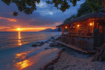 Sunset beach bar with thatched roof