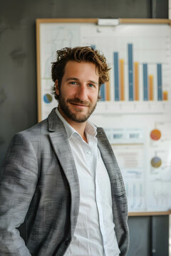 Portrait of a businessman with a confident expression, standing next to a bar chart showing increasing returns on investment