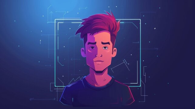 Modern cartoon illustration of a modern person avatar in casual clothes on dark blue computer background. Man with individual face and hair, in a light digital frame.