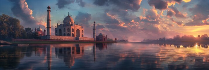 The serene Taj Mahal stands majestically by the river, as the sunset paints the sky in hues of gold and orange - obrazy, fototapety, plakaty
