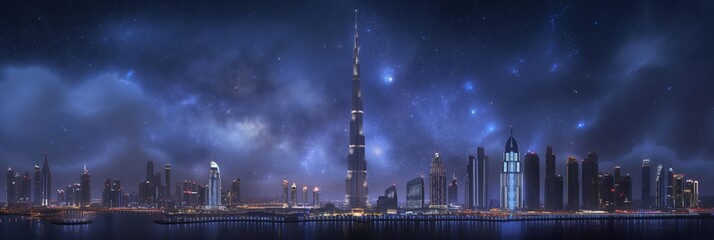 The image captures the stunning Dubai skyline with the iconic Burj Khalifa towering over, under a magnificent star-studded night sky - obrazy, fototapety, plakaty
