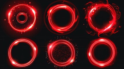 Modern realistic set of shiny rings and swirls with neon flares and glitter dust isolated on black background. Glow red circles with sparkles and smoke, magic light effect.