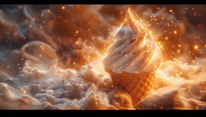 Cute Ice cream cone constellation in a starry night sky, Bright scene, octane renderer, light orange environment, panoramic shots, high quality, masterpieces