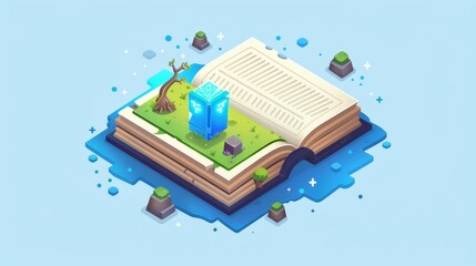 An isometric image of an open book, a symbol for an electronic library, a symbol for information