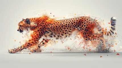 An animated low poly cheetah on the move. Modern mesh spheres obstructing flying debris. Modern thin line concept of a gepard jumping. - obrazy, fototapety, plakaty