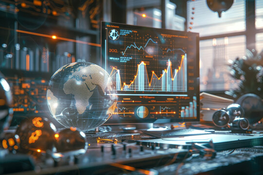 Digital screen displays various graphs and charts. Adjacent on the desk is a hologram of planet Earth. Concept of different digital indicators of our planet. Generative AI.